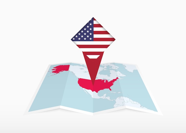 USA is depicted on a folded paper map and pinned location marker with flag of USA