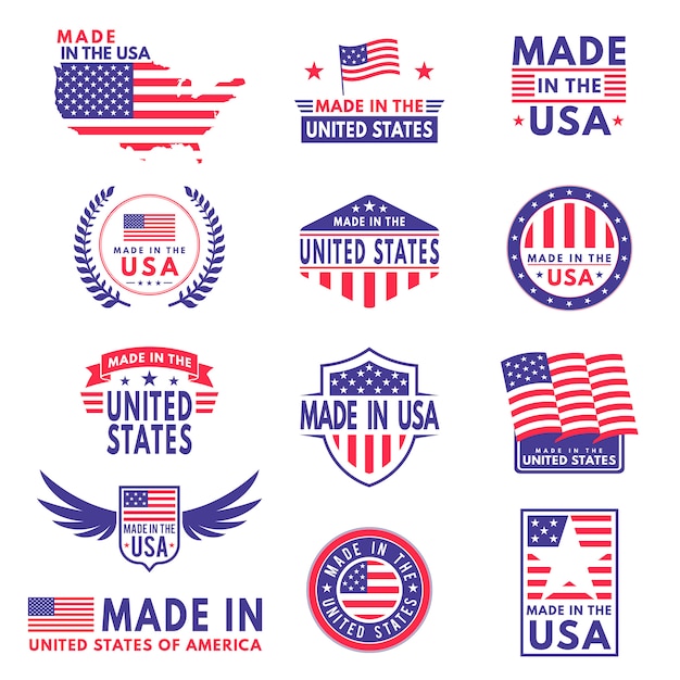 Usa labels. Flag made america american states flags label badge stamp star patriot stripe ribbon emblem sticker banner, icons