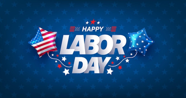 Modello di banner e poster per la festa del lavoro usafesta della festa del lavoro usa con bandiera americana di palloncini