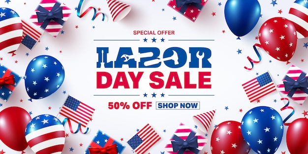 Usa labor day sale banner. de dag van de arbeid van de verenigde staten feest met vlag van de amerikaanse ballonnen