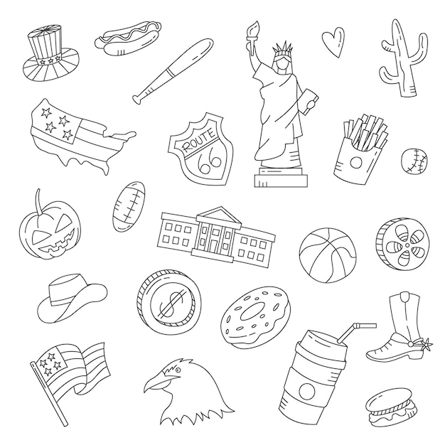 Usa land natie doodle hand getrokken set collecties met overzicht zwart-wit stijl vectorillustratie