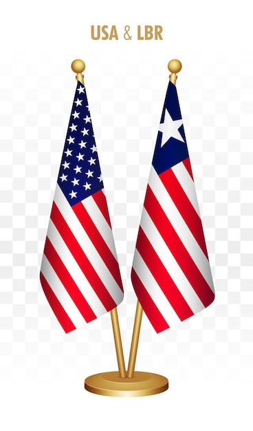 USA and Liberia standing flags isolated on white united states of america desk flag