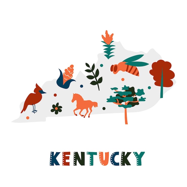 Usa map collection. state symbols and nature on gray state silhouette - kentucky. cartoon simple style for print