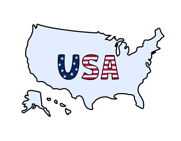 Vettore contorni mappa usa doodle illustrazione vettoriale stati uniti d'america paese confini georpafici disegnati a mano con testo alaska e hawaii usa