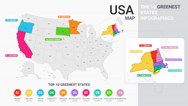 着色された状態と0緑の状態のインフォグラフィックを持つアメリカ地図イラスト