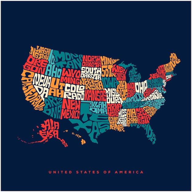 ベクトル 米国地図のタイポグラフィ。アメリカ合衆国地図タイポグラフィ アート。米国州のレタリング。