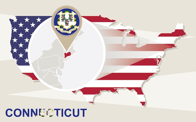 Карта США с увеличенным флагом и картой штата Коннектикут