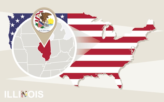 Vector usa map with magnified illinois state illinois flag and map