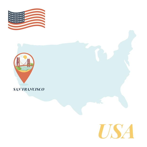 Карта США с иллюстрацией San Francisco Pin Travel Concept Vector