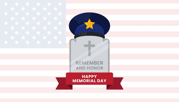 墓石に兵士の帽子の要素を持つ米国記念日バナー テンプレート