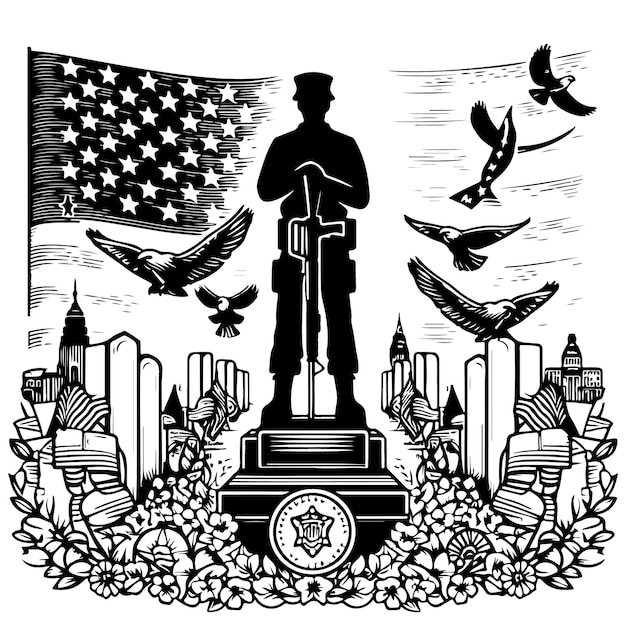 USA memorial day coloring page line art illustration