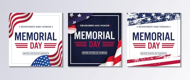 Vector usa memorial day square greeting card with background in united states national flag colors vector illustration