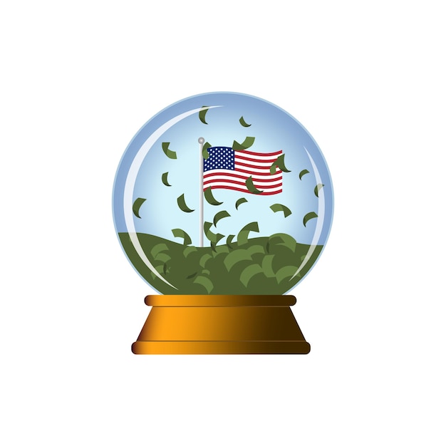 USA National Flag Inside a Snow Globe with American Dollars Falling Around