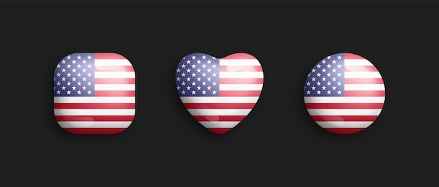 USA Official National Flag 3D Vector Glossy Icons Isolate On Black Background