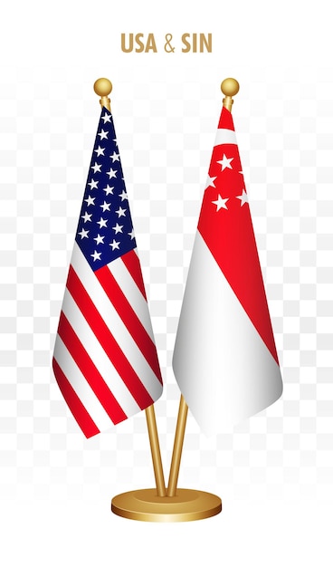 Vector usa and singapore standing flags isolated on white united states of america desk flag