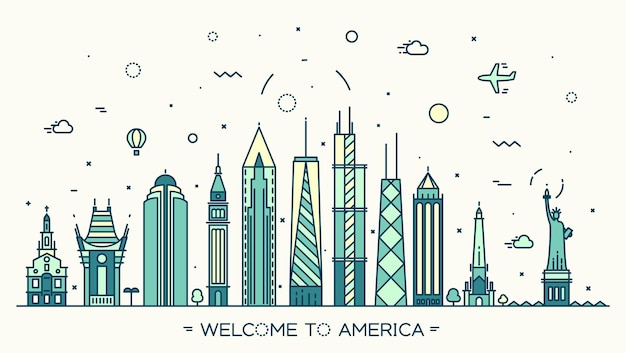 USA skyline, detailed silhouette. Welcome to America trendy vector illustration, linear style