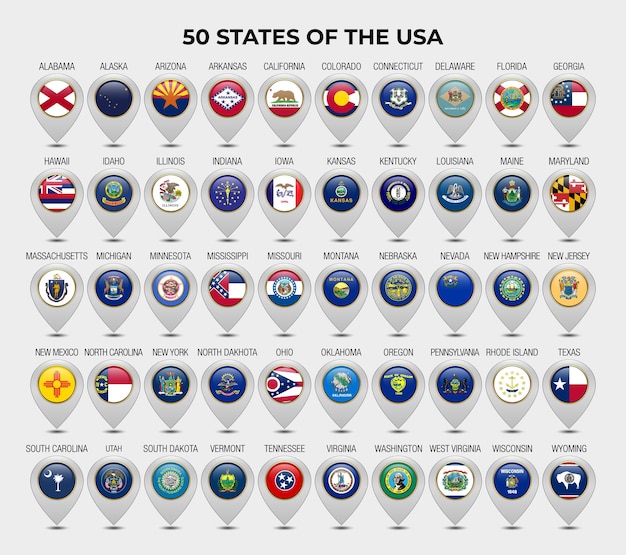 Vector usa state map pointer or marker with flags collection design template