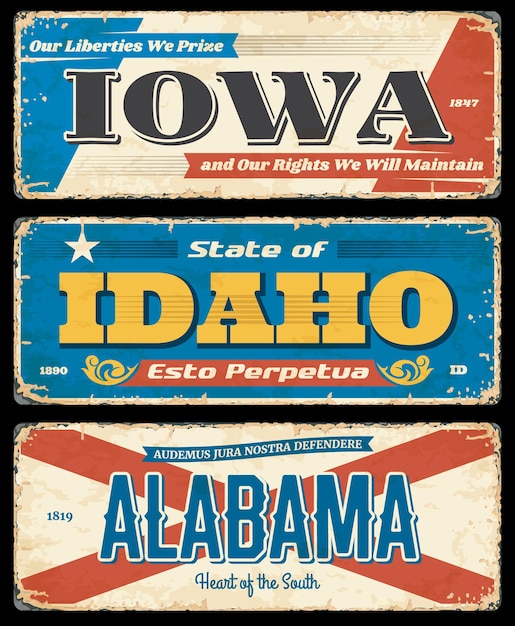 USA staten roestige metalen platen. Iowa, Idaho en Alabama versleten en armoedige verkeersborden, grungy wegwijzer.