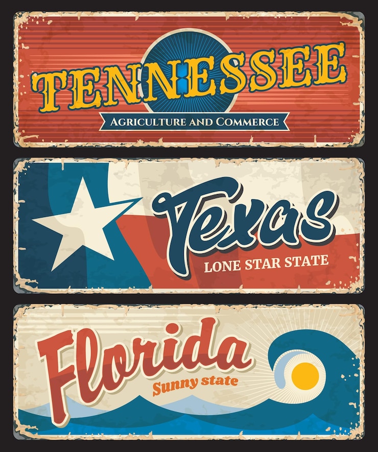 Vector usa states tennessee texas florida plates signs