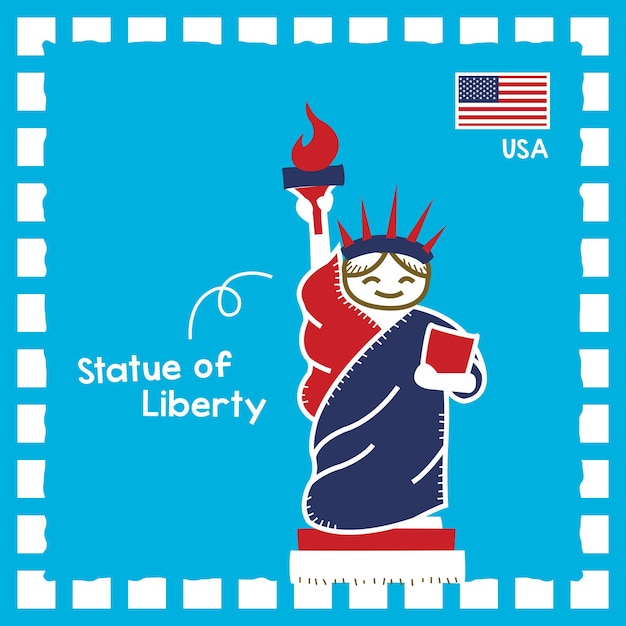 Vector usa statue of liberty landmark illustration with cute stamp design