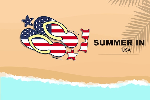 Vettore stati uniti d'america vacanze estive vettore banner vacanza in spiaggia infradito occhiali da sole stelle marine sulla sabbia