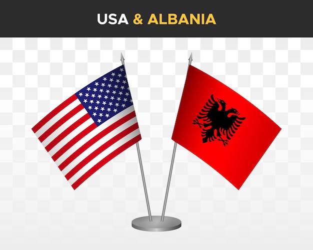 USA United States America vs Albania desk flags mockup 3d vector illustration table flags