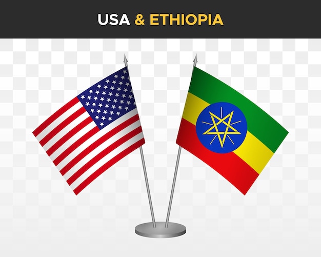 USA United States America vs Ethiopia desk flags mockup 3d vector illustration table flags