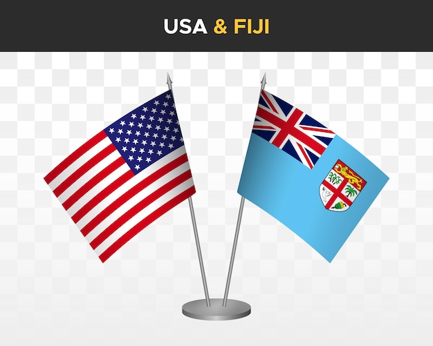 USA United States America vs Fiji desk flags mockup 3d vector illustration table flags