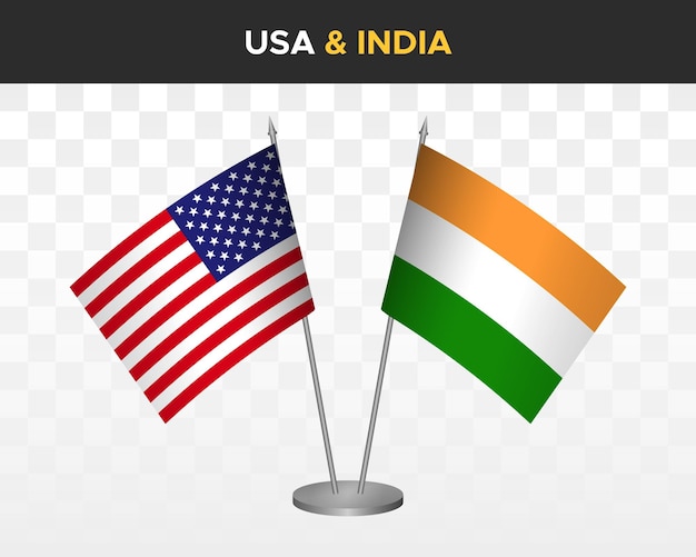 USA United States America vs India desk flags mockup 3d vector illustration table flags