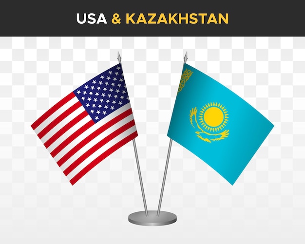 Usa stati uniti america vs kazakistan desk flag mockup 3d illustrazione vettoriale bandiere da tavolo