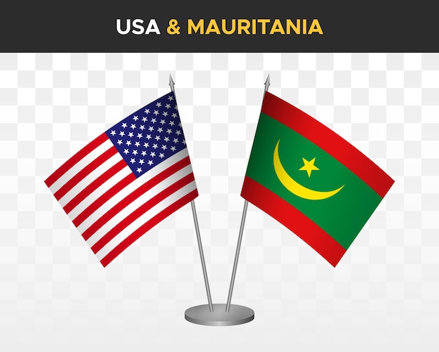 USA United States America vs Mauritania desk flags mockup 3d vector illustration table flags