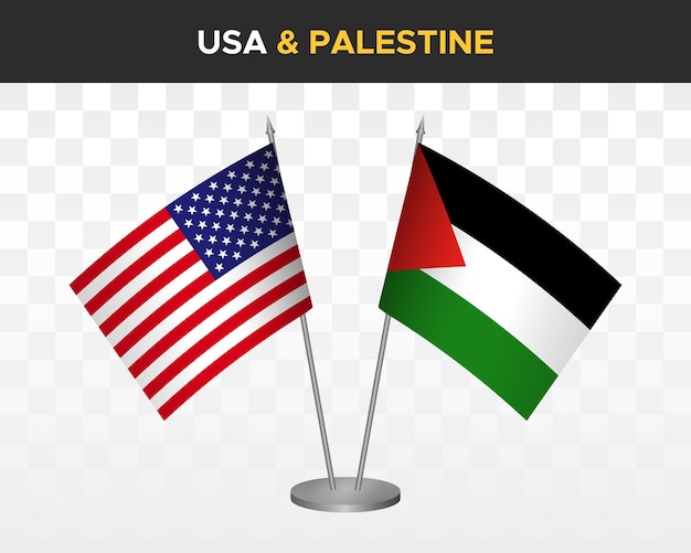USA United States America vs Palestine desk flags mockup 3d vector illustration table flags