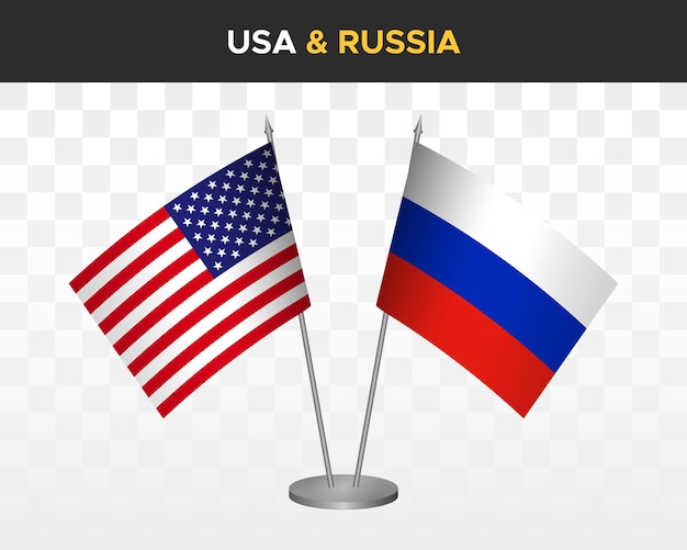 Макет настольных флагов США, Соединенных Штатов, Америки и России, 3d векторные иллюстрации, настольные флаги