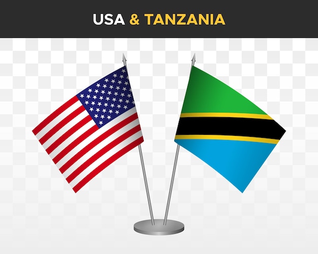 USA United States America vs Tanzania desk flags mockup 3d vector illustration table flags