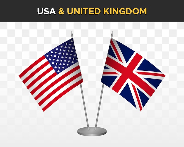 Usa stati uniti america vs regno unito regno unito desk flag mockup 3d illustrazione vettoriale bandiere da tavolo