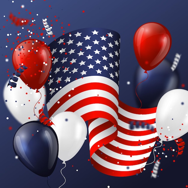 USA vakantie design met vlag, ballonnen en confetti in nationale kleuren.