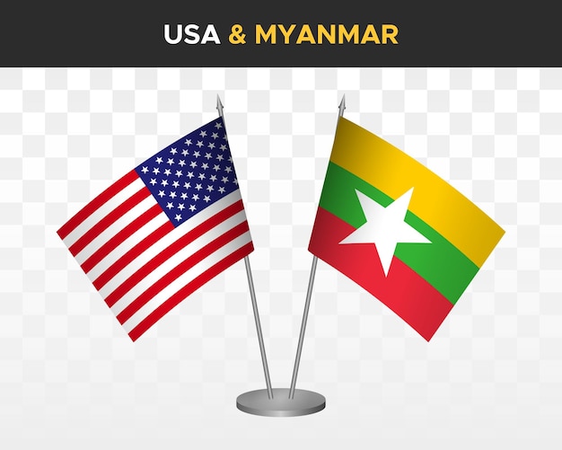 USA Verenigde Staten Amerika vs Myanmar Birma Bureau vlaggen mockup 3d vector illustratie tabel vlaggen