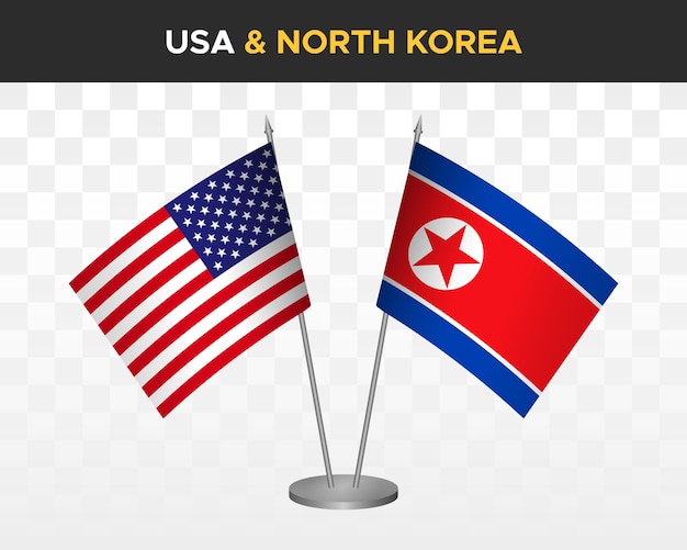 USA Verenigde Staten Amerika vs Noord-Korea DPR Bureau vlaggen mockup 3d vector illustratie tafelvlaggen