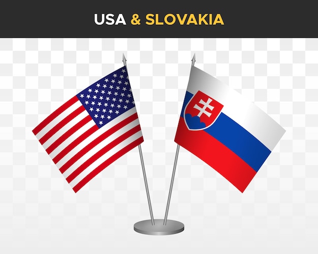 USA Verenigde Staten Amerika vs Slowakije Bureau vlaggen mockup 3d vector illustratie tafelvlaggen