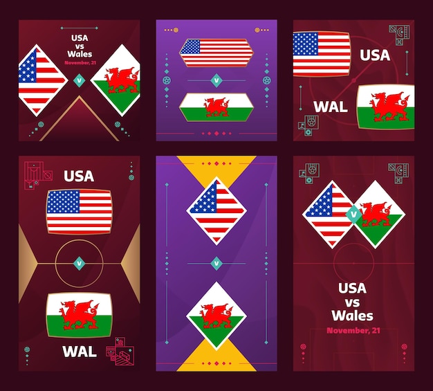 Usa Vs Wales Match World Football 2022 소셜 미디어 2022용 수직 및 사각형 배너 설정