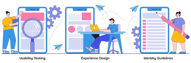 Test di usabilità, design dell'esperienza, concetto di linee guida di identità con il carattere delle persone. insieme dell'illustrazione di vettore astratto di prototipazione di app. sviluppo dell'interfaccia user friendly, metafora del piano di branding.