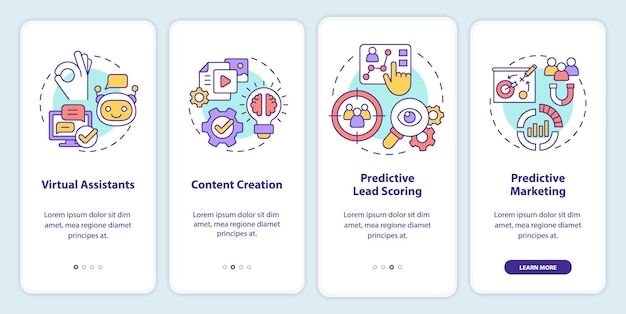 Usage of AI in marketing onboarding mobile app screen. Automation walkthrough 4 steps graphic instructions pages with linear concepts. UI, UX, GUI template. Myriad Pro-Bold, Regular fonts used