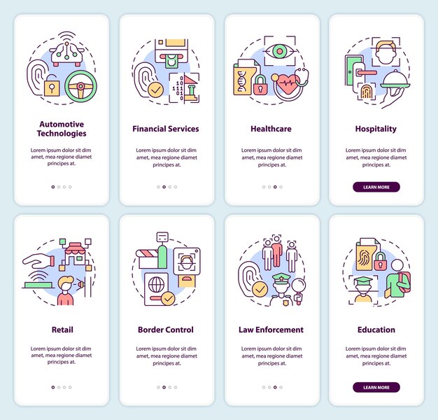 Usage of biometric technology onboarding mobile app screen set