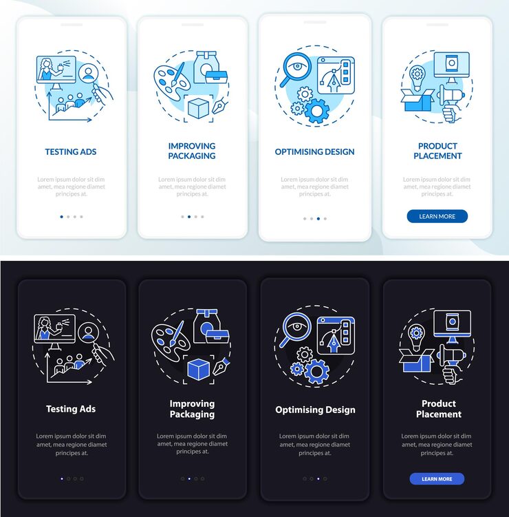 Vector 신경과학 온보딩 모바일 앱 페이지 화면 사용. 개념이 있는 디자인 테스트 연습 4단계 그래픽 지침. 선형 야간 및 주간 모드 일러스트레이션이 있는 ui, ux, gui 벡터 템플릿