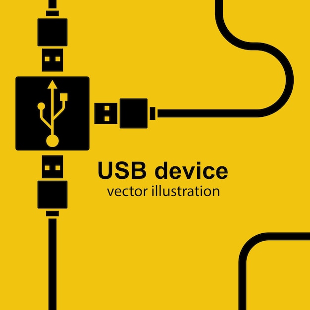 ベクトル usbケーブルはハブに接続されています。最小限のデザインのusbワイヤは、黄色の背景に分離された黒い線です。電話、充電、その他のデバイス用のネットワークコード。ベクトルイラストフラットスタイル。