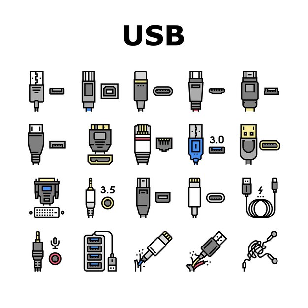 Vector usb cable and port purchases icons set vector