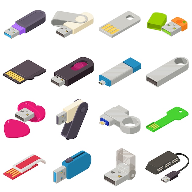 Установленные значки usb-накопителя. изометрическая иллюстрация 16 usb флэш-накопитель векторные иконки для веб