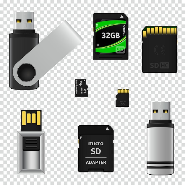 USB-накопители и карты памяти, изолированные на прозрачном фоне