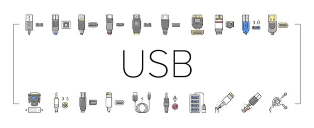 Usb-kabel en poort aankopen pictogrammen set vector