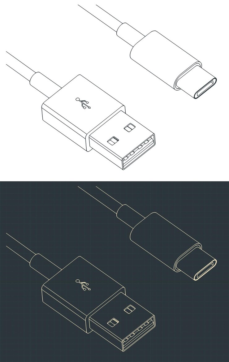 Vector usb typea to usb typec cable blueprints